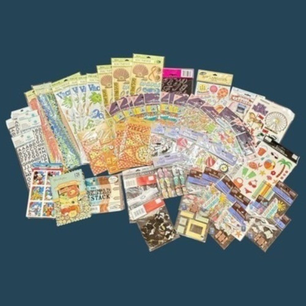 Scrapbooking and Papercraft Supplies Huge Lot 65+ New Packages Stickers Die Cuts